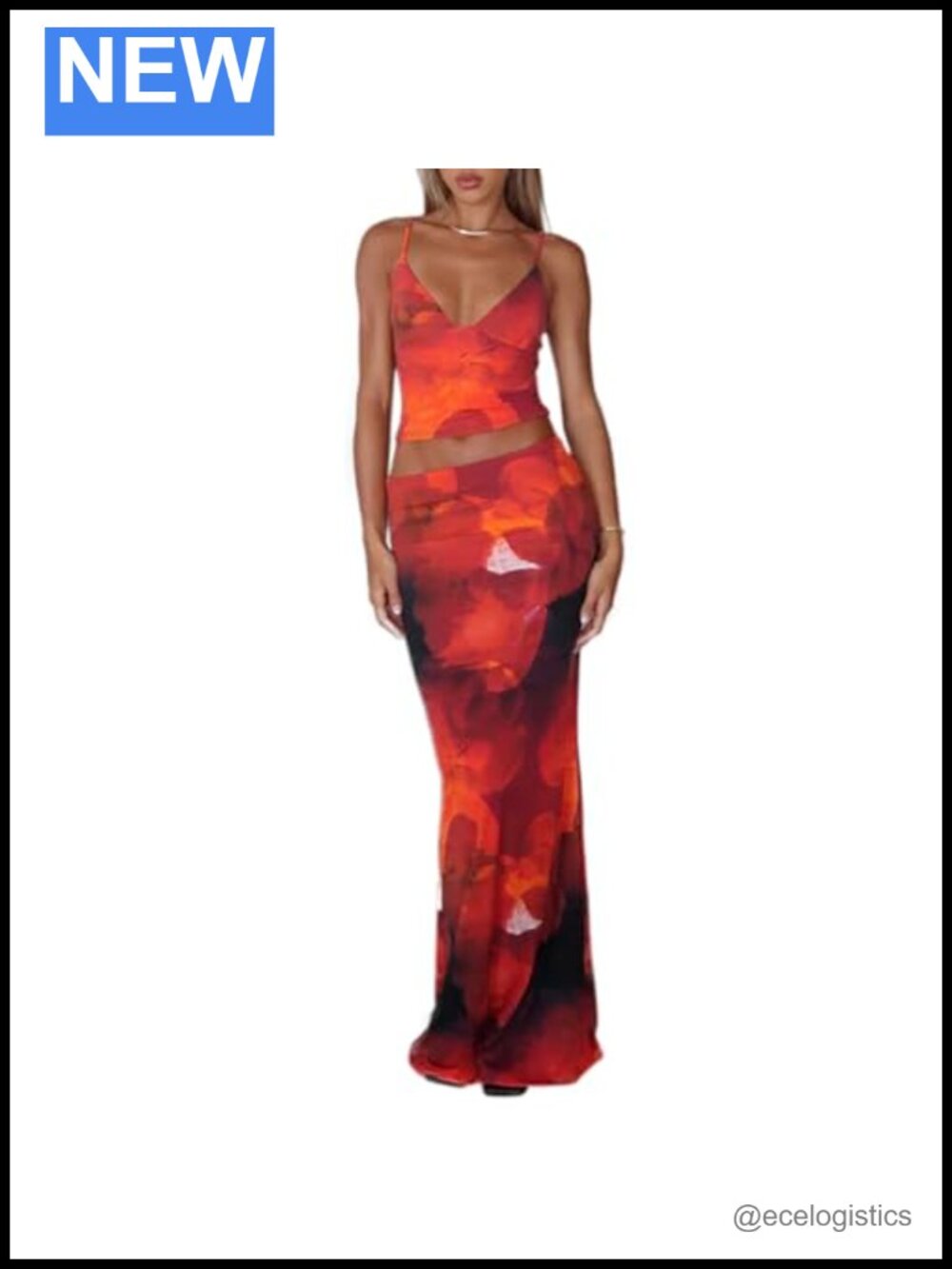 Y2K Floral Print Halter Top Maxi Skirt Set Slim Fit Two Piece